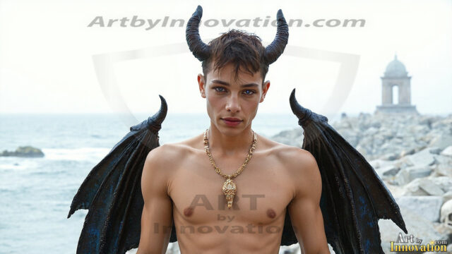 In a dark, ethereal realm, in the midst of the darkness, a figure emerges with an aura of power and magnetism. He is both horrific and strangely captivating, drawing the eye even as he repels the soul. His form is indistinct at first, a ripple in the oppressive blackness, you want to run but you become overwhelmed, drawn in to this creatures powers. Captative by both fear and beauty, you realize, he's a male succubus demon. Deep within the ruins of hell, with a sword in your hand, ready to battle, but unwilling or unable to do so. His skin, flickering fires, casting a dynamic glow across his glistening wet, shinny, body. The flames dance along his chiseled muscular torso and body, casting vibrant hues that seem to emanate from his very core. His eyes, have a piercing glow, locked in a gaze, his eyes, exudes confidence and authority. Unable to move, or unwilling to do so, drawn by his almost completely nude body and overwhelmed by his powers, you given to his will.