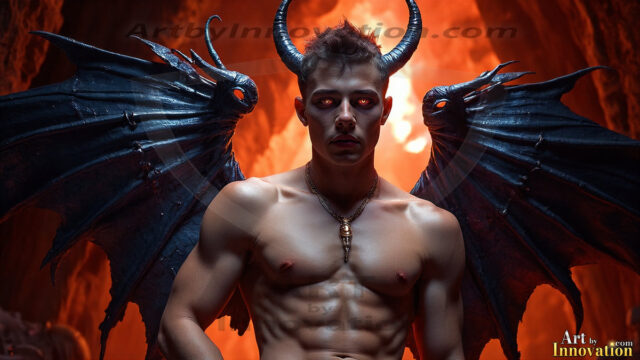 In a dark, ethereal realm, in the midst of the darkness, a figure emerges with an aura of power and magnetism. He is both horrific and strangely captivating, drawing the eye even as he repels the soul. His form is indistinct at first, a ripple in the oppressive blackness, you want to run but you become overwhelmed, drawn in to this creatures powers. Captative by both fear and beauty, you realize, he's a male succubus demon. Deep within the ruins of hell, with a sword in your hand, ready to battle, but unwilling or unable to do so. His skin, flickering fires, casting a dynamic glow across his glistening wet, shinny, body. The flames dance along his chiseled muscular torso and body, casting vibrant hues that seem to emanate from his very core. His eyes, have a piercing glow, locked in a gaze, his eyes, exudes confidence and authority. Unable to move, or unwilling to do so, drawn by his almost completely nude body and overwhelmed by his powers, you given to his will.