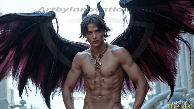 In a dark, ethereal realm, in the midst of the darkness, a figure emerges with an aura of power and magnetism. He is both horrific and strangely captivating, drawing the eye even as he repels the soul. His form is indistinct at first, a ripple in the oppressive blackness, you want to run but you become overwhelmed, drawn in to this creatures powers. Captative by both fear and beauty, you realize, he's a male succubus demon. Deep within the ruins of hell, with a sword in your hand, ready to battle, but unwilling or unable to do so. His skin, flickering fires, casting a dynamic glow across his glistening wet, shinny, body. The flames dance along his chiseled muscular torso and body, casting vibrant hues that seem to emanate from his very core. His eyes, have a piercing glow, locked in a gaze, his eyes, exudes confidence and authority. Unable to move, or unwilling to do so, drawn by his almost completely nude body and overwhelmed by his powers, you given to his will.