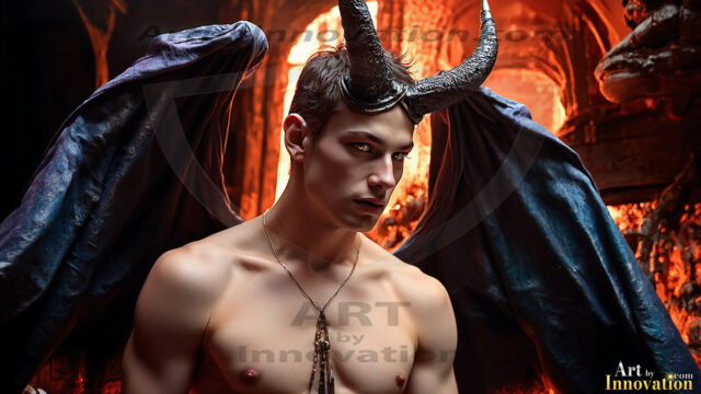 In a dark, ethereal realm, in the midst of the darkness, a figure emerges with an aura of power and magnetism. He is both horrific and strangely captivating, drawing the eye even as he repels the soul. His form is indistinct at first, a ripple in the oppressive blackness, you want to run but you become overwhelmed, drawn in to this creatures powers. Captative by both fear and beauty, you realize, he's a male succubus demon. Deep within the ruins of hell, with a sword in your hand, ready to battle, but unwilling or unable to do so. His skin, flickering fires, casting a dynamic glow across his glistening wet, shinny, body. The flames dance along his chiseled muscular torso and body, casting vibrant hues that seem to emanate from his very core. His eyes, have a piercing glow, locked in a gaze, his eyes, exudes confidence and authority. Unable to move, or unwilling to do so, drawn by his almost completely nude body and overwhelmed by his powers, you given to his will.