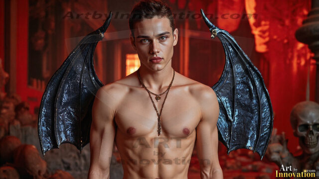 In a dark, ethereal realm, in the midst of the darkness, a figure emerges with an aura of power and magnetism. He is both horrific and strangely captivating, drawing the eye even as he repels the soul. His form is indistinct at first, a ripple in the oppressive blackness, you want to run but you become overwhelmed, drawn in to this creatures powers. Captative by both fear and beauty, you realize, he's a male succubus demon. Deep within the ruins of hell, with a sword in your hand, ready to battle, but unwilling or unable to do so. His skin, flickering fires, casting a dynamic glow across his glistening wet, shinny, body. The flames dance along his chiseled muscular torso and body, casting vibrant hues that seem to emanate from his very core. His eyes, have a piercing glow, locked in a gaze, his eyes, exudes confidence and authority. Unable to move, or unwilling to do so, drawn by his almost completely nude body and overwhelmed by his powers, you given to his will.