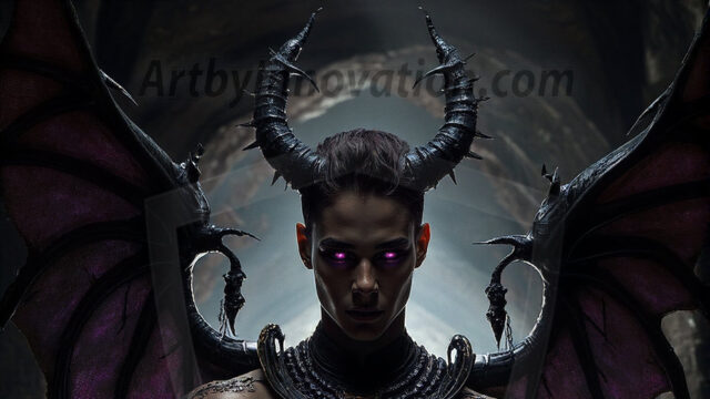 In a dark, ethereal realm, in the midst of the darkness, a figure emerges with an aura of power and magnetism. He is both horrific and strangely captivating, drawing the eye even as he repels the soul. His form is indistinct at first, a ripple in the oppressive blackness, you want to run but you become overwhelmed, drawn in to this creatures powers. Captative by both fear and beauty, you realize, he's a male succubus demon. Deep within the ruins of hell, with a sword in your hand, ready to battle, but unwilling or unable to do so. His skin, flickering fires, casting a dynamic glow across his glistening wet, shinny, body. The flames dance along his chiseled muscular torso and body, casting vibrant hues that seem to emanate from his very core. His eyes, have a piercing glow, locked in a gaze, his eyes, exudes confidence and authority. Unable to move, or unwilling to do so, drawn by his almost completely nude body and overwhelmed by his powers, you given to his will.