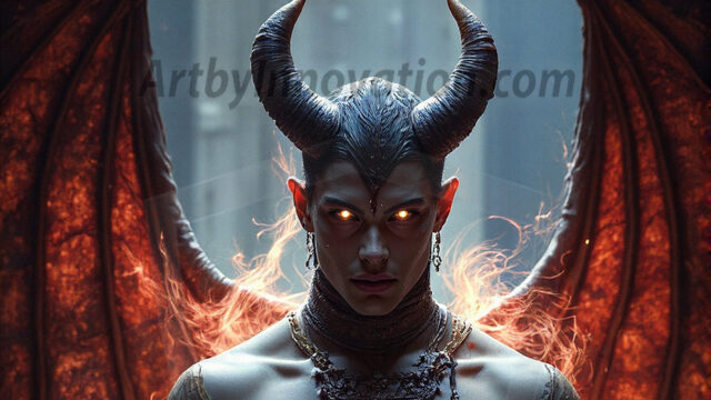 In a dark, ethereal realm, in the midst of the darkness, a figure emerges with an aura of power and magnetism. He is both horrific and strangely captivating, drawing the eye even as he repels the soul. His form is indistinct at first, a ripple in the oppressive blackness, you want to run but you become overwhelmed, drawn in to this creatures powers. Captative by both fear and beauty, you realize, he's a male succubus demon. Deep within the ruins of hell, with a sword in your hand, ready to battle, but unwilling or unable to do so. His skin, flickering fires, casting a dynamic glow across his glistening wet, shinny, body. The flames dance along his chiseled muscular torso and body, casting vibrant hues that seem to emanate from his very core. His eyes, have a piercing glow, locked in a gaze, his eyes, exudes confidence and authority. Unable to move, or unwilling to do so, drawn by his almost completely nude body and overwhelmed by his powers, you given to his will.