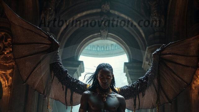 In a dark, ethereal realm, in the midst of the darkness, a figure emerges with an aura of power and magnetism. He is both horrific and strangely captivating, drawing the eye even as he repels the soul. His form is indistinct at first, a ripple in the oppressive blackness, you want to run but you become overwhelmed, drawn in to this creatures powers. Captative by both fear and beauty, you realize, he's a male succubus demon. Deep within the ruins of hell, with a sword in your hand, ready to battle, but unwilling or unable to do so. His skin, flickering fires, casting a dynamic glow across his glistening wet, shinny, body. The flames dance along his chiseled muscular torso and body, casting vibrant hues that seem to emanate from his very core. His eyes, have a piercing glow, locked in a gaze, his eyes, exudes confidence and authority. Unable to move, or unwilling to do so, drawn by his almost completely nude body and overwhelmed by his powers, you given to his will.