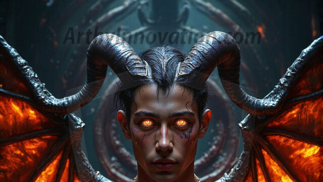 In a dark, ethereal realm, in the midst of the darkness, a figure emerges with an aura of power and magnetism. He is both horrific and strangely captivating, drawing the eye even as he repels the soul. His form is indistinct at first, a ripple in the oppressive blackness, you want to run but you become overwhelmed, drawn in to this creatures powers. Captative by both fear and beauty, you realize, he's a male succubus demon. Deep within the ruins of hell, with a sword in your hand, ready to battle, but unwilling or unable to do so. His skin, flickering fires, casting a dynamic glow across his glistening wet, shinny, body. The flames dance along his chiseled muscular torso and body, casting vibrant hues that seem to emanate from his very core. His eyes, have a piercing glow, locked in a gaze, his eyes, exudes confidence and authority. Unable to move, or unwilling to do so, drawn by his almost completely nude body and overwhelmed by his powers, you given to his will.