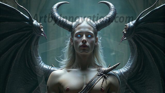 In a dark, ethereal realm, in the midst of the darkness, a figure emerges with an aura of power and magnetism. He is both horrific and strangely captivating, drawing the eye even as he repels the soul. His form is indistinct at first, a ripple in the oppressive blackness, you want to run but you become overwhelmed, drawn in to this creatures powers. Captative by both fear and beauty, you realize, he's a male succubus demon. Deep within the ruins of hell, with a sword in your hand, ready to battle, but unwilling or unable to do so. His skin, flickering fires, casting a dynamic glow across his glistening wet, shinny, body. The flames dance along his chiseled muscular torso and body, casting vibrant hues that seem to emanate from his very core. His eyes, have a piercing glow, locked in a gaze, his eyes, exudes confidence and authority. Unable to move, or unwilling to do so, drawn by his almost completely nude body and overwhelmed by his powers, you given to his will.