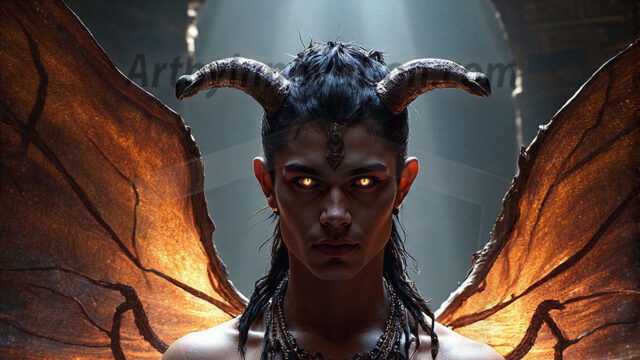 In a dark, ethereal realm, in the midst of the darkness, a figure emerges with an aura of power and magnetism. He is both horrific and strangely captivating, drawing the eye even as he repels the soul. His form is indistinct at first, a ripple in the oppressive blackness, you want to run but you become overwhelmed, drawn in to this creatures powers. Captative by both fear and beauty, you realize, he's a male succubus demon. Deep within the ruins of hell, with a sword in your hand, ready to battle, but unwilling or unable to do so. His skin, flickering fires, casting a dynamic glow across his glistening wet, shinny, body. The flames dance along his chiseled muscular torso and body, casting vibrant hues that seem to emanate from his very core. His eyes, have a piercing glow, locked in a gaze, his eyes, exudes confidence and authority. Unable to move, or unwilling to do so, drawn by his almost completely nude body and overwhelmed by his powers, you given to his will.