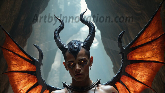 In a dark, ethereal realm, in the midst of the darkness, a figure emerges with an aura of power and magnetism. He is both horrific and strangely captivating, drawing the eye even as he repels the soul. His form is indistinct at first, a ripple in the oppressive blackness, you want to run but you become overwhelmed, drawn in to this creatures powers. Captative by both fear and beauty, you realize, he's a male succubus demon. Deep within the ruins of hell, with a sword in your hand, ready to battle, but unwilling or unable to do so. His skin, flickering fires, casting a dynamic glow across his glistening wet, shinny, body. The flames dance along his chiseled muscular torso and body, casting vibrant hues that seem to emanate from his very core. His eyes, have a piercing glow, locked in a gaze, his eyes, exudes confidence and authority. Unable to move, or unwilling to do so, drawn by his almost completely nude body and overwhelmed by his powers, you given to his will.