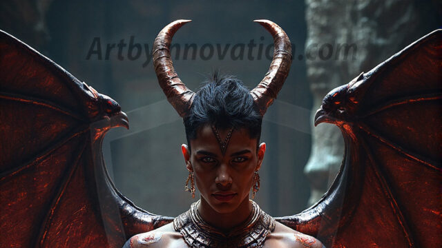 In a dark, ethereal realm, in the midst of the darkness, a figure emerges with an aura of power and magnetism. He is both horrific and strangely captivating, drawing the eye even as he repels the soul. His form is indistinct at first, a ripple in the oppressive blackness, you want to run but you become overwhelmed, drawn in to this creatures powers. Captative by both fear and beauty, you realize, he's a male succubus demon. Deep within the ruins of hell, with a sword in your hand, ready to battle, but unwilling or unable to do so. His skin, flickering fires, casting a dynamic glow across his glistening wet, shinny, body. The flames dance along his chiseled muscular torso and body, casting vibrant hues that seem to emanate from his very core. His eyes, have a piercing glow, locked in a gaze, his eyes, exudes confidence and authority. Unable to move, or unwilling to do so, drawn by his almost completely nude body and overwhelmed by his powers, you given to his will.