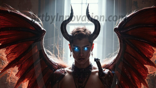 In a dark, ethereal realm, in the midst of the darkness, a figure emerges with an aura of power and magnetism. He is both horrific and strangely captivating, drawing the eye even as he repels the soul. His form is indistinct at first, a ripple in the oppressive blackness, you want to run but you become overwhelmed, drawn in to this creatures powers. Captative by both fear and beauty, you realize, he's a male succubus demon. Deep within the ruins of hell, with a sword in your hand, ready to battle, but unwilling or unable to do so. His skin, flickering fires, casting a dynamic glow across his glistening wet, shinny, body. The flames dance along his chiseled muscular torso and body, casting vibrant hues that seem to emanate from his very core. His eyes, have a piercing glow, locked in a gaze, his eyes, exudes confidence and authority. Unable to move, or unwilling to do so, drawn by his almost completely nude body and overwhelmed by his powers, you given to his will.