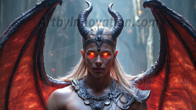 In a dark, ethereal realm, in the midst of the darkness, a figure emerges with an aura of power and magnetism. He is both horrific and strangely captivating, drawing the eye even as he repels the soul. His form is indistinct at first, a ripple in the oppressive blackness, you want to run but you become overwhelmed, drawn in to this creatures powers. Captative by both fear and beauty, you realize, he's a male succubus demon. Deep within the ruins of hell, with a sword in your hand, ready to battle, but unwilling or unable to do so. His skin, flickering fires, casting a dynamic glow across his glistening wet, shinny, body. The flames dance along his chiseled muscular torso and body, casting vibrant hues that seem to emanate from his very core. His eyes, have a piercing glow, locked in a gaze, his eyes, exudes confidence and authority. Unable to move, or unwilling to do so, drawn by his almost completely nude body and overwhelmed by his powers, you given to his will.