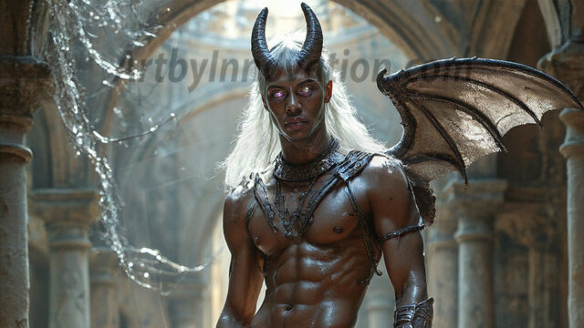 In a dark, ethereal realm, in the midst of the darkness, a figure emerges with an aura of power and magnetism. He is both horrific and strangely captivating, drawing the eye even as he repels the soul. His form is indistinct at first, a ripple in the oppressive blackness, you want to run but you become overwhelmed, drawn in to this creatures powers. Captative by both fear and beauty, you realize, he's a male succubus demon. Deep within the ruins of hell, with a sword in your hand, ready to battle, but unwilling or unable to do so. His skin, flickering fires, casting a dynamic glow across his glistening wet, shinny, body. The flames dance along his chiseled muscular torso and body, casting vibrant hues that seem to emanate from his very core. His eyes, have a piercing glow, locked in a gaze, his eyes, exudes confidence and authority. Unable to move, or unwilling to do so, drawn by his almost completely nude body and overwhelmed by his powers, you given to his will.