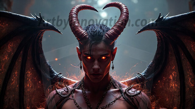 In a dark, ethereal realm, in the midst of the darkness, a figure emerges with an aura of power and magnetism. He is both horrific and strangely captivating, drawing the eye even as he repels the soul. His form is indistinct at first, a ripple in the oppressive blackness, you want to run but you become overwhelmed, drawn in to this creatures powers. Captative by both fear and beauty, you realize, he's a male succubus demon. Deep within the ruins of hell, with a sword in your hand, ready to battle, but unwilling or unable to do so. His skin, flickering fires, casting a dynamic glow across his glistening wet, shinny, body. The flames dance along his chiseled muscular torso and body, casting vibrant hues that seem to emanate from his very core. His eyes, have a piercing glow, locked in a gaze, his eyes, exudes confidence and authority. Unable to move, or unwilling to do so, drawn by his almost completely nude body and overwhelmed by his powers, you given to his will.