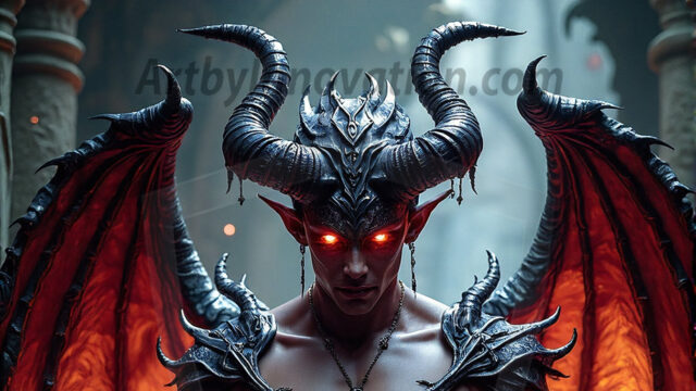 In a dark, ethereal realm, in the midst of the darkness, a figure emerges with an aura of power and magnetism. He is both horrific and strangely captivating, drawing the eye even as he repels the soul. His form is indistinct at first, a ripple in the oppressive blackness, you want to run but you become overwhelmed, drawn in to this creatures powers. Captative by both fear and beauty, you realize, he's a male succubus demon. Deep within the ruins of hell, with a sword in your hand, ready to battle, but unwilling or unable to do so. His skin, flickering fires, casting a dynamic glow across his glistening wet, shinny, body. The flames dance along his chiseled muscular torso and body, casting vibrant hues that seem to emanate from his very core. His eyes, have a piercing glow, locked in a gaze, his eyes, exudes confidence and authority. Unable to move, or unwilling to do so, drawn by his almost completely nude body and overwhelmed by his powers, you given to his will.