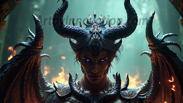 In a dark, ethereal realm, in the midst of the darkness, a figure emerges with an aura of power and magnetism. He is both horrific and strangely captivating, drawing the eye even as he repels the soul. His form is indistinct at first, a ripple in the oppressive blackness, you want to run but you become overwhelmed, drawn in to this creatures powers. Captative by both fear and beauty, you realize, he's a male succubus demon. Deep within the ruins of hell, with a sword in your hand, ready to battle, but unwilling or unable to do so. His skin, flickering fires, casting a dynamic glow across his glistening wet, shinny, body. The flames dance along his chiseled muscular torso and body, casting vibrant hues that seem to emanate from his very core. His eyes, have a piercing glow, locked in a gaze, his eyes, exudes confidence and authority. Unable to move, or unwilling to do so, drawn by his almost completely nude body and overwhelmed by his powers, you given to his will.