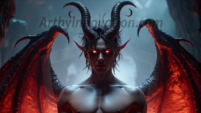 In a dark, ethereal realm, in the midst of the darkness, a figure emerges with an aura of power and magnetism. He is both horrific and strangely captivating, drawing the eye even as he repels the soul. His form is indistinct at first, a ripple in the oppressive blackness, you want to run but you become overwhelmed, drawn in to this creatures powers. Captative by both fear and beauty, you realize, he's a male succubus demon. Deep within the ruins of hell, with a sword in your hand, ready to battle, but unwilling or unable to do so. His skin, flickering fires, casting a dynamic glow across his glistening wet, shinny, body. The flames dance along his chiseled muscular torso and body, casting vibrant hues that seem to emanate from his very core. His eyes, have a piercing glow, locked in a gaze, his eyes, exudes confidence and authority. Unable to move, or unwilling to do so, drawn by his almost completely nude body and overwhelmed by his powers, you given to his will.