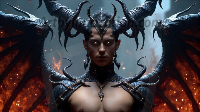 In a dark, ethereal realm, in the midst of the darkness, a figure emerges with an aura of power and magnetism. He is both horrific and strangely captivating, drawing the eye even as he repels the soul. His form is indistinct at first, a ripple in the oppressive blackness, you want to run but you become overwhelmed, drawn in to this creatures powers. Captative by both fear and beauty, you realize, he's a male succubus demon. Deep within the ruins of hell, with a sword in your hand, ready to battle, but unwilling or unable to do so. His skin, flickering fires, casting a dynamic glow across his glistening wet, shinny, body. The flames dance along his chiseled muscular torso and body, casting vibrant hues that seem to emanate from his very core. His eyes, have a piercing glow, locked in a gaze, his eyes, exudes confidence and authority. Unable to move, or unwilling to do so, drawn by his almost completely nude body and overwhelmed by his powers, you given to his will.