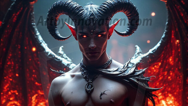 In a dark, ethereal realm, in the midst of the darkness, a figure emerges with an aura of power and magnetism. He is both horrific and strangely captivating, drawing the eye even as he repels the soul. His form is indistinct at first, a ripple in the oppressive blackness, you want to run but you become overwhelmed, drawn in to this creatures powers. Captative by both fear and beauty, you realize, he's a male succubus demon. Deep within the ruins of hell, with a sword in your hand, ready to battle, but unwilling or unable to do so. His skin, flickering fires, casting a dynamic glow across his glistening wet, shinny, body. The flames dance along his chiseled muscular torso and body, casting vibrant hues that seem to emanate from his very core. His eyes, have a piercing glow, locked in a gaze, his eyes, exudes confidence and authority. Unable to move, or unwilling to do so, drawn by his almost completely nude body and overwhelmed by his powers, you given to his will.