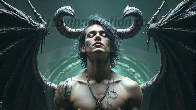 In a dark, ethereal realm, in the midst of the darkness, a figure emerges with an aura of power and magnetism. He is both horrific and strangely captivating, drawing the eye even as he repels the soul. His form is indistinct at first, a ripple in the oppressive blackness, you want to run but you become overwhelmed, drawn in to this creatures powers. Captative by both fear and beauty, you realize, he's a male succubus demon. Deep within the ruins of hell, with a sword in your hand, ready to battle, but unwilling or unable to do so. His skin, flickering fires, casting a dynamic glow across his glistening wet, shinny, body. The flames dance along his chiseled muscular torso and body, casting vibrant hues that seem to emanate from his very core. His eyes, have a piercing glow, locked in a gaze, his eyes, exudes confidence and authority. Unable to move, or unwilling to do so, drawn by his almost completely nude body and overwhelmed by his powers, you given to his will.