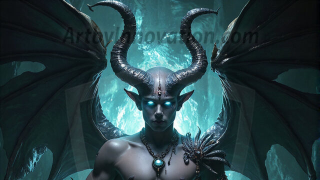 In a dark, ethereal realm, in the midst of the darkness, a figure emerges with an aura of power and magnetism. He is both horrific and strangely captivating, drawing the eye even as he repels the soul. His form is indistinct at first, a ripple in the oppressive blackness, you want to run but you become overwhelmed, drawn in to this creatures powers. Captative by both fear and beauty, you realize, he's a male succubus demon. Deep within the ruins of hell, with a sword in your hand, ready to battle, but unwilling or unable to do so. His skin, flickering fires, casting a dynamic glow across his glistening wet, shinny, body. The flames dance along his chiseled muscular torso and body, casting vibrant hues that seem to emanate from his very core. His eyes, have a piercing glow, locked in a gaze, his eyes, exudes confidence and authority. Unable to move, or unwilling to do so, drawn by his almost completely nude body and overwhelmed by his powers, you given to his will.