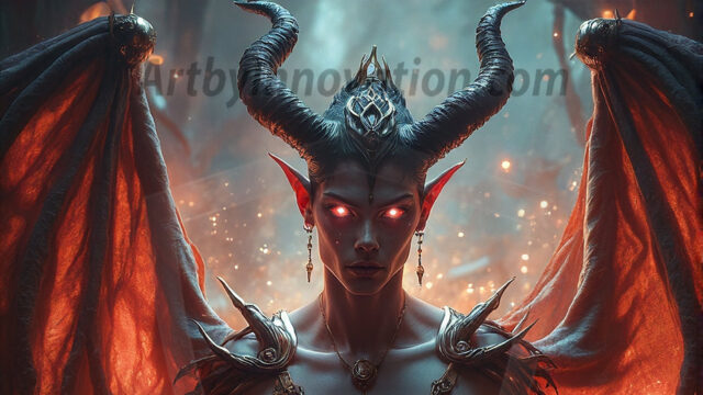 In a dark, ethereal realm, in the midst of the darkness, a figure emerges with an aura of power and magnetism. He is both horrific and strangely captivating, drawing the eye even as he repels the soul. His form is indistinct at first, a ripple in the oppressive blackness, you want to run but you become overwhelmed, drawn in to this creatures powers. Captative by both fear and beauty, you realize, he's a male succubus demon. Deep within the ruins of hell, with a sword in your hand, ready to battle, but unwilling or unable to do so. His skin, flickering fires, casting a dynamic glow across his glistening wet, shinny, body. The flames dance along his chiseled muscular torso and body, casting vibrant hues that seem to emanate from his very core. His eyes, have a piercing glow, locked in a gaze, his eyes, exudes confidence and authority. Unable to move, or unwilling to do so, drawn by his almost completely nude body and overwhelmed by his powers, you given to his will.