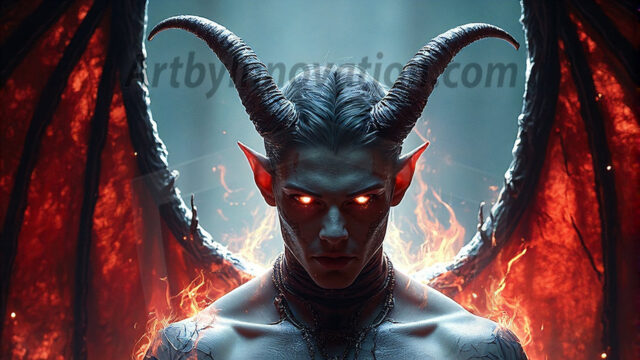 In a dark, ethereal realm, in the midst of the darkness, a figure emerges with an aura of power and magnetism. He is both horrific and strangely captivating, drawing the eye even as he repels the soul. His form is indistinct at first, a ripple in the oppressive blackness, you want to run but you become overwhelmed, drawn in to this creatures powers. Captative by both fear and beauty, you realize, he's a male succubus demon. Deep within the ruins of hell, with a sword in your hand, ready to battle, but unwilling or unable to do so. His skin, flickering fires, casting a dynamic glow across his glistening wet, shinny, body. The flames dance along his chiseled muscular torso and body, casting vibrant hues that seem to emanate from his very core. His eyes, have a piercing glow, locked in a gaze, his eyes, exudes confidence and authority. Unable to move, or unwilling to do so, drawn by his almost completely nude body and overwhelmed by his powers, you given to his will.