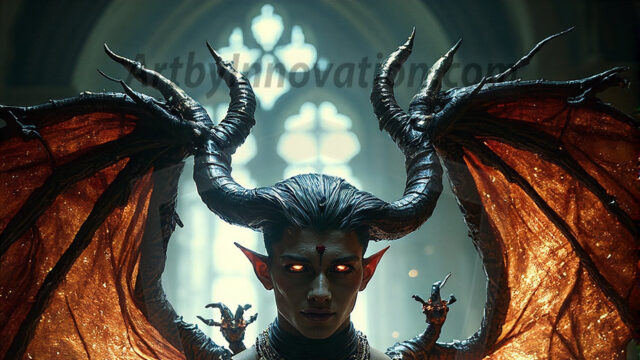 In a dark, ethereal realm, in the midst of the darkness, a figure emerges with an aura of power and magnetism. He is both horrific and strangely captivating, drawing the eye even as he repels the soul. His form is indistinct at first, a ripple in the oppressive blackness, you want to run but you become overwhelmed, drawn in to this creatures powers. Captative by both fear and beauty, you realize, he's a male succubus demon. Deep within the ruins of hell, with a sword in your hand, ready to battle, but unwilling or unable to do so. His skin, flickering fires, casting a dynamic glow across his glistening wet, shinny, body. The flames dance along his chiseled muscular torso and body, casting vibrant hues that seem to emanate from his very core. His eyes, have a piercing glow, locked in a gaze, his eyes, exudes confidence and authority. Unable to move, or unwilling to do so, drawn by his almost completely nude body and overwhelmed by his powers, you given to his will.