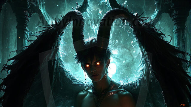 In a dark, ethereal realm, in the midst of the darkness, a figure emerges with an aura of power and magnetism. He is both horrific and strangely captivating, drawing the eye even as he repels the soul. His form is indistinct at first, a ripple in the oppressive blackness, you want to run but you become overwhelmed, drawn in to this creatures powers. Captative by both fear and beauty, you realize, he's a male succubus demon. Deep within the ruins of hell, with a sword in your hand, ready to battle, but unwilling or unable to do so. His skin, flickering fires, casting a dynamic glow across his glistening wet, shinny, body. The flames dance along his chiseled muscular torso and body, casting vibrant hues that seem to emanate from his very core. His eyes, have a piercing glow, locked in a gaze, his eyes, exudes confidence and authority. Unable to move, or unwilling to do so, drawn by his almost completely nude body and overwhelmed by his powers, you given to his will.