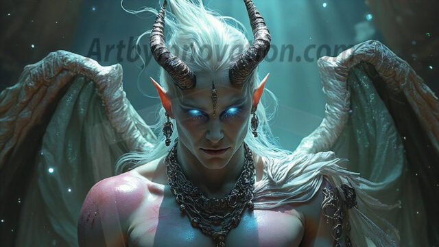 In a dark, ethereal realm, in the midst of the darkness, a figure emerges with an aura of power and magnetism. He is both horrific and strangely captivating, drawing the eye even as he repels the soul. His form is indistinct at first, a ripple in the oppressive blackness, you want to run but you become overwhelmed, drawn in to this creatures powers. Captative by both fear and beauty, you realize, he's a male succubus demon. Deep within the ruins of hell, with a sword in your hand, ready to battle, but unwilling or unable to do so. His skin, flickering fires, casting a dynamic glow across his glistening wet, shinny, body. The flames dance along his chiseled muscular torso and body, casting vibrant hues that seem to emanate from his very core. His eyes, have a piercing glow, locked in a gaze, his eyes, exudes confidence and authority. Unable to move, or unwilling to do so, drawn by his almost completely nude body and overwhelmed by his powers, you given to his will.