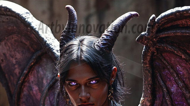 In a dark, ethereal realm, in the midst of the darkness, a figure emerges with an aura of power and magnetism. He is both horrific and strangely captivating, drawing the eye even as he repels the soul. His form is indistinct at first, a ripple in the oppressive blackness, you want to run but you become overwhelmed, drawn in to this creatures powers. Captative by both fear and beauty, you realize, he's a male succubus demon. Deep within the ruins of hell, with a sword in your hand, ready to battle, but unwilling or unable to do so. His skin, flickering fires, casting a dynamic glow across his glistening wet, shinny, body. The flames dance along his chiseled muscular torso and body, casting vibrant hues that seem to emanate from his very core. His eyes, have a piercing glow, locked in a gaze, his eyes, exudes confidence and authority. Unable to move, or unwilling to do so, drawn by his almost completely nude body and overwhelmed by his powers, you given to his will.