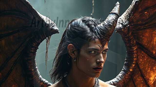 In a dark, ethereal realm, in the midst of the darkness, a figure emerges with an aura of power and magnetism. He is both horrific and strangely captivating, drawing the eye even as he repels the soul. His form is indistinct at first, a ripple in the oppressive blackness, you want to run but you become overwhelmed, drawn in to this creatures powers. Captative by both fear and beauty, you realize, he's a male succubus demon. Deep within the ruins of hell, with a sword in your hand, ready to battle, but unwilling or unable to do so. His skin, flickering fires, casting a dynamic glow across his glistening wet, shinny, body. The flames dance along his chiseled muscular torso and body, casting vibrant hues that seem to emanate from his very core. His eyes, have a piercing glow, locked in a gaze, his eyes, exudes confidence and authority. Unable to move, or unwilling to do so, drawn by his almost completely nude body and overwhelmed by his powers, you given to his will.