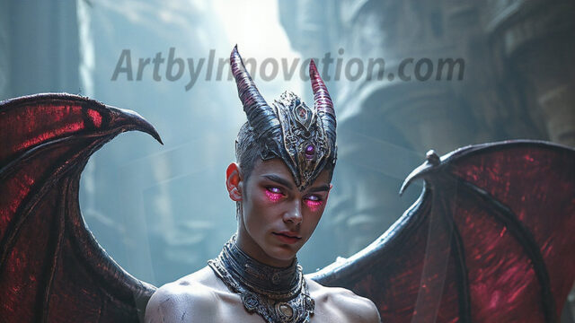 In a dark, ethereal realm, in the midst of the darkness, a figure emerges with an aura of power and magnetism. He is both horrific and strangely captivating, drawing the eye even as he repels the soul. His form is indistinct at first, a ripple in the oppressive blackness, you want to run but you become overwhelmed, drawn in to this creatures powers. Captative by both fear and beauty, you realize, he's a male succubus demon. Deep within the ruins of hell, with a sword in your hand, ready to battle, but unwilling or unable to do so. His skin, flickering fires, casting a dynamic glow across his glistening wet, shinny, body. The flames dance along his chiseled muscular torso and body, casting vibrant hues that seem to emanate from his very core. His eyes, have a piercing glow, locked in a gaze, his eyes, exudes confidence and authority. Unable to move, or unwilling to do so, drawn by his almost completely nude body and overwhelmed by his powers, you given to his will.