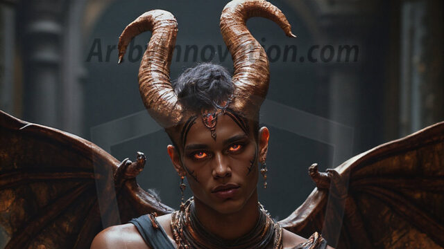 In a dark, ethereal realm, in the midst of the darkness, a figure emerges with an aura of power and magnetism. He is both horrific and strangely captivating, drawing the eye even as he repels the soul. His form is indistinct at first, a ripple in the oppressive blackness, you want to run but you become overwhelmed, drawn in to this creatures powers. Captative by both fear and beauty, you realize, he's a male succubus demon. Deep within the ruins of hell, with a sword in your hand, ready to battle, but unwilling or unable to do so. His skin, flickering fires, casting a dynamic glow across his glistening wet, shinny, body. The flames dance along his chiseled muscular torso and body, casting vibrant hues that seem to emanate from his very core. His eyes, have a piercing glow, locked in a gaze, his eyes, exudes confidence and authority. Unable to move, or unwilling to do so, drawn by his almost completely nude body and overwhelmed by his powers, you given to his will.