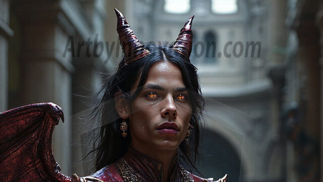 In a dark, ethereal realm, in the midst of the darkness, a figure emerges with an aura of power and magnetism. He is both horrific and strangely captivating, drawing the eye even as he repels the soul. His form is indistinct at first, a ripple in the oppressive blackness, you want to run but you become overwhelmed, drawn in to this creatures powers. Captative by both fear and beauty, you realize, he's a male succubus demon. Deep within the ruins of hell, with a sword in your hand, ready to battle, but unwilling or unable to do so. His skin, flickering fires, casting a dynamic glow across his glistening wet, shinny, body. The flames dance along his chiseled muscular torso and body, casting vibrant hues that seem to emanate from his very core. His eyes, have a piercing glow, locked in a gaze, his eyes, exudes confidence and authority. Unable to move, or unwilling to do so, drawn by his almost completely nude body and overwhelmed by his powers, you given to his will.