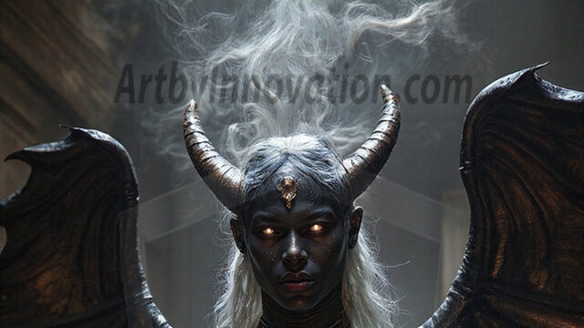 In a dark, ethereal realm, in the midst of the darkness, a figure emerges with an aura of power and magnetism. He is both horrific and strangely captivating, drawing the eye even as he repels the soul. His form is indistinct at first, a ripple in the oppressive blackness, you want to run but you become overwhelmed, drawn in to this creatures powers. Captative by both fear and beauty, you realize, he's a male succubus demon. Deep within the ruins of hell, with a sword in your hand, ready to battle, but unwilling or unable to do so. His skin, flickering fires, casting a dynamic glow across his glistening wet, shinny, body. The flames dance along his chiseled muscular torso and body, casting vibrant hues that seem to emanate from his very core. His eyes, have a piercing glow, locked in a gaze, his eyes, exudes confidence and authority. Unable to move, or unwilling to do so, drawn by his almost completely nude body and overwhelmed by his powers, you given to his will.