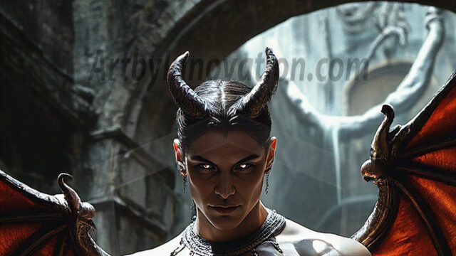 In a dark, ethereal realm, in the midst of the darkness, a figure emerges with an aura of power and magnetism. He is both horrific and strangely captivating, drawing the eye even as he repels the soul. His form is indistinct at first, a ripple in the oppressive blackness, you want to run but you become overwhelmed, drawn in to this creatures powers. Captative by both fear and beauty, you realize, he's a male succubus demon. Deep within the ruins of hell, with a sword in your hand, ready to battle, but unwilling or unable to do so. His skin, flickering fires, casting a dynamic glow across his glistening wet, shinny, body. The flames dance along his chiseled muscular torso and body, casting vibrant hues that seem to emanate from his very core. His eyes, have a piercing glow, locked in a gaze, his eyes, exudes confidence and authority. Unable to move, or unwilling to do so, drawn by his almost completely nude body and overwhelmed by his powers, you given to his will.