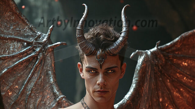 In a dark, ethereal realm, in the midst of the darkness, a figure emerges with an aura of power and magnetism. He is both horrific and strangely captivating, drawing the eye even as he repels the soul. His form is indistinct at first, a ripple in the oppressive blackness, you want to run but you become overwhelmed, drawn in to this creatures powers. Captative by both fear and beauty, you realize, he's a male succubus demon. Deep within the ruins of hell, with a sword in your hand, ready to battle, but unwilling or unable to do so. His skin, flickering fires, casting a dynamic glow across his glistening wet, shinny, body. The flames dance along his chiseled muscular torso and body, casting vibrant hues that seem to emanate from his very core. His eyes, have a piercing glow, locked in a gaze, his eyes, exudes confidence and authority. Unable to move, or unwilling to do so, drawn by his almost completely nude body and overwhelmed by his powers, you given to his will.