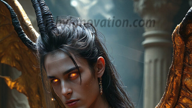 In a dark, ethereal realm, in the midst of the darkness, a figure emerges with an aura of power and magnetism. He is both horrific and strangely captivating, drawing the eye even as he repels the soul. His form is indistinct at first, a ripple in the oppressive blackness, you want to run but you become overwhelmed, drawn in to this creatures powers. Captative by both fear and beauty, you realize, he's a male succubus demon. Deep within the ruins of hell, with a sword in your hand, ready to battle, but unwilling or unable to do so. His skin, flickering fires, casting a dynamic glow across his glistening wet, shinny, body. The flames dance along his chiseled muscular torso and body, casting vibrant hues that seem to emanate from his very core. His eyes, have a piercing glow, locked in a gaze, his eyes, exudes confidence and authority. Unable to move, or unwilling to do so, drawn by his almost completely nude body and overwhelmed by his powers, you given to his will.