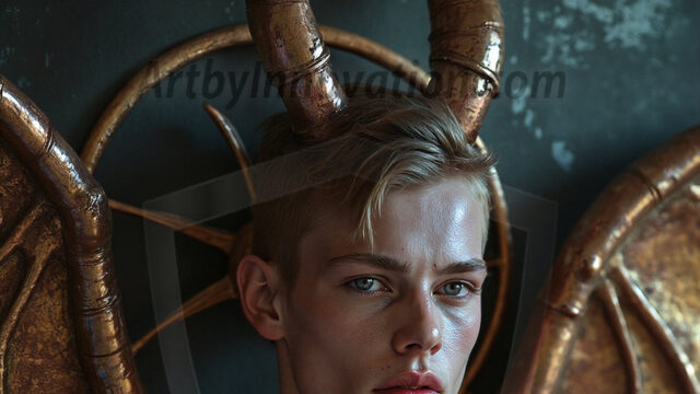 In a dark, ethereal realm, in the midst of the darkness, a figure emerges with an aura of power and magnetism. He is both horrific and strangely captivating, drawing the eye even as he repels the soul. His form is indistinct at first, a ripple in the oppressive blackness, you want to run but you become overwhelmed, drawn in to this creatures powers. Captative by both fear and beauty, you realize, he's a male succubus demon. Deep within the ruins of hell, with a sword in your hand, ready to battle, but unwilling or unable to do so. His skin, flickering fires, casting a dynamic glow across his glistening wet, shinny, body. The flames dance along his chiseled muscular torso and body, casting vibrant hues that seem to emanate from his very core. His eyes, have a piercing glow, locked in a gaze, his eyes, exudes confidence and authority. Unable to move, or unwilling to do so, drawn by his almost completely nude body and overwhelmed by his powers, you given to his will.