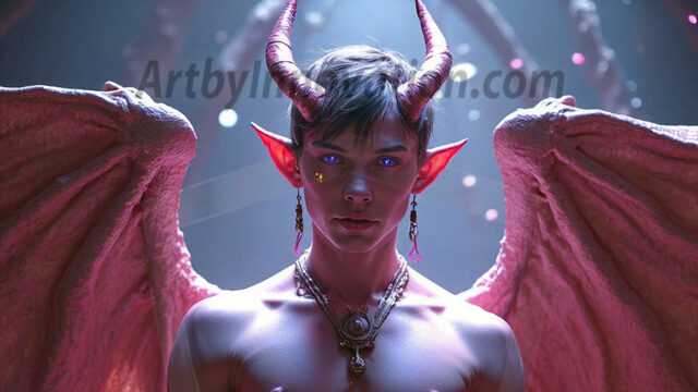 In a dark, ethereal realm, in the midst of the darkness, a figure emerges with an aura of power and magnetism. He is both horrific and strangely captivating, drawing the eye even as he repels the soul. His form is indistinct at first, a ripple in the oppressive blackness, you want to run but you become overwhelmed, drawn in to this creatures powers. Captative by both fear and beauty, you realize, he's a male succubus demon. Deep within the ruins of hell, with a sword in your hand, ready to battle, but unwilling or unable to do so. His skin, flickering fires, casting a dynamic glow across his glistening wet, shinny, body. The flames dance along his chiseled muscular torso and body, casting vibrant hues that seem to emanate from his very core. His eyes, have a piercing glow, locked in a gaze, his eyes, exudes confidence and authority. Unable to move, or unwilling to do so, drawn by his almost completely nude body and overwhelmed by his powers, you given to his will.