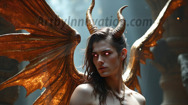 In a dark, ethereal realm, in the midst of the darkness, a figure emerges with an aura of power and magnetism. He is both horrific and strangely captivating, drawing the eye even as he repels the soul. His form is indistinct at first, a ripple in the oppressive blackness, you want to run but you become overwhelmed, drawn in to this creatures powers. Captative by both fear and beauty, you realize, he's a male succubus demon. Deep within the ruins of hell, with a sword in your hand, ready to battle, but unwilling or unable to do so. His skin, flickering fires, casting a dynamic glow across his glistening wet, shinny, body. The flames dance along his chiseled muscular torso and body, casting vibrant hues that seem to emanate from his very core. His eyes, have a piercing glow, locked in a gaze, his eyes, exudes confidence and authority. Unable to move, or unwilling to do so, drawn by his almost completely nude body and overwhelmed by his powers, you given to his will.