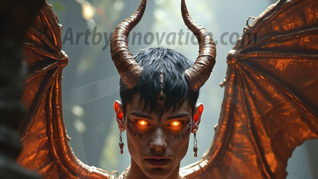 In a dark, ethereal realm, in the midst of the darkness, a figure emerges with an aura of power and magnetism. He is both horrific and strangely captivating, drawing the eye even as he repels the soul. His form is indistinct at first, a ripple in the oppressive blackness, you want to run but you become overwhelmed, drawn in to this creatures powers. Captative by both fear and beauty, you realize, he's a male succubus demon. Deep within the ruins of hell, with a sword in your hand, ready to battle, but unwilling or unable to do so. His skin, flickering fires, casting a dynamic glow across his glistening wet, shinny, body. The flames dance along his chiseled muscular torso and body, casting vibrant hues that seem to emanate from his very core. His eyes, have a piercing glow, locked in a gaze, his eyes, exudes confidence and authority. Unable to move, or unwilling to do so, drawn by his almost completely nude body and overwhelmed by his powers, you given to his will.