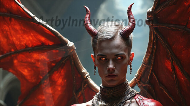 In a dark, ethereal realm, in the midst of the darkness, a figure emerges with an aura of power and magnetism. He is both horrific and strangely captivating, drawing the eye even as he repels the soul. His form is indistinct at first, a ripple in the oppressive blackness, you want to run but you become overwhelmed, drawn in to this creatures powers. Captative by both fear and beauty, you realize, he's a male succubus demon. Deep within the ruins of hell, with a sword in your hand, ready to battle, but unwilling or unable to do so. His skin, flickering fires, casting a dynamic glow across his glistening wet, shinny, body. The flames dance along his chiseled muscular torso and body, casting vibrant hues that seem to emanate from his very core. His eyes, have a piercing glow, locked in a gaze, his eyes, exudes confidence and authority. Unable to move, or unwilling to do so, drawn by his almost completely nude body and overwhelmed by his powers, you given to his will.