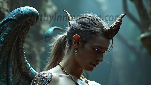 In a dark, ethereal realm, in the midst of the darkness, a figure emerges with an aura of power and magnetism. He is both horrific and strangely captivating, drawing the eye even as he repels the soul. His form is indistinct at first, a ripple in the oppressive blackness, you want to run but you become overwhelmed, drawn in to this creatures powers. Captative by both fear and beauty, you realize, he's a male succubus demon. Deep within the ruins of hell, with a sword in your hand, ready to battle, but unwilling or unable to do so. His skin, flickering fires, casting a dynamic glow across his glistening wet, shinny, body. The flames dance along his chiseled muscular torso and body, casting vibrant hues that seem to emanate from his very core. His eyes, have a piercing glow, locked in a gaze, his eyes, exudes confidence and authority. Unable to move, or unwilling to do so, drawn by his almost completely nude body and overwhelmed by his powers, you given to his will.