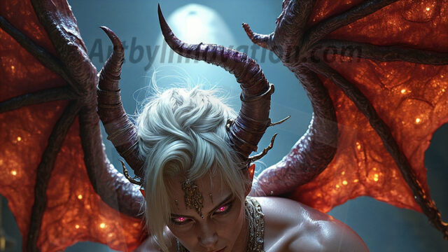 In a dark, ethereal realm, in the midst of the darkness, a figure emerges with an aura of power and magnetism. He is both horrific and strangely captivating, drawing the eye even as he repels the soul. His form is indistinct at first, a ripple in the oppressive blackness, you want to run but you become overwhelmed, drawn in to this creatures powers. Captative by both fear and beauty, you realize, he's a male succubus demon. Deep within the ruins of hell, with a sword in your hand, ready to battle, but unwilling or unable to do so. His skin, flickering fires, casting a dynamic glow across his glistening wet, shinny, body. The flames dance along his chiseled muscular torso and body, casting vibrant hues that seem to emanate from his very core. His eyes, have a piercing glow, locked in a gaze, his eyes, exudes confidence and authority. Unable to move, or unwilling to do so, drawn by his almost completely nude body and overwhelmed by his powers, you given to his will.