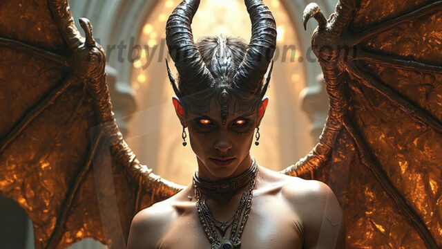 In a dark, ethereal realm, in the midst of the darkness, a figure emerges with an aura of power and magnetism. He is both horrific and strangely captivating, drawing the eye even as he repels the soul. His form is indistinct at first, a ripple in the oppressive blackness, you want to run but you become overwhelmed, drawn in to this creatures powers. Captative by both fear and beauty, you realize, he's a male succubus demon. Deep within the ruins of hell, with a sword in your hand, ready to battle, but unwilling or unable to do so. His skin, flickering fires, casting a dynamic glow across his glistening wet, shinny, body. The flames dance along his chiseled muscular torso and body, casting vibrant hues that seem to emanate from his very core. His eyes, have a piercing glow, locked in a gaze, his eyes, exudes confidence and authority. Unable to move, or unwilling to do so, drawn by his almost completely nude body and overwhelmed by his powers, you given to his will.