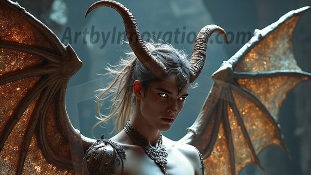 In a dark, ethereal realm, in the midst of the darkness, a figure emerges with an aura of power and magnetism. He is both horrific and strangely captivating, drawing the eye even as he repels the soul. His form is indistinct at first, a ripple in the oppressive blackness, you want to run but you become overwhelmed, drawn in to this creatures powers. Captative by both fear and beauty, you realize, he's a male succubus demon. Deep within the ruins of hell, with a sword in your hand, ready to battle, but unwilling or unable to do so. His skin, flickering fires, casting a dynamic glow across his glistening wet, shinny, body. The flames dance along his chiseled muscular torso and body, casting vibrant hues that seem to emanate from his very core. His eyes, have a piercing glow, locked in a gaze, his eyes, exudes confidence and authority. Unable to move, or unwilling to do so, drawn by his almost completely nude body and overwhelmed by his powers, you given to his will.