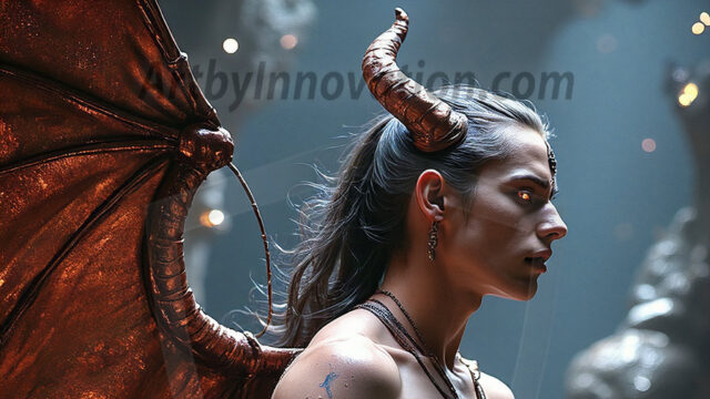 In a dark, ethereal realm, in the midst of the darkness, a figure emerges with an aura of power and magnetism. He is both horrific and strangely captivating, drawing the eye even as he repels the soul. His form is indistinct at first, a ripple in the oppressive blackness, you want to run but you become overwhelmed, drawn in to this creatures powers. Captative by both fear and beauty, you realize, he's a male succubus demon. Deep within the ruins of hell, with a sword in your hand, ready to battle, but unwilling or unable to do so. His skin, flickering fires, casting a dynamic glow across his glistening wet, shinny, body. The flames dance along his chiseled muscular torso and body, casting vibrant hues that seem to emanate from his very core. His eyes, have a piercing glow, locked in a gaze, his eyes, exudes confidence and authority. Unable to move, or unwilling to do so, drawn by his almost completely nude body and overwhelmed by his powers, you given to his will.