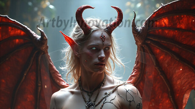 In a dark, ethereal realm, in the midst of the darkness, a figure emerges with an aura of power and magnetism. He is both horrific and strangely captivating, drawing the eye even as he repels the soul. His form is indistinct at first, a ripple in the oppressive blackness, you want to run but you become overwhelmed, drawn in to this creatures powers. Captative by both fear and beauty, you realize, he's a male succubus demon. Deep within the ruins of hell, with a sword in your hand, ready to battle, but unwilling or unable to do so. His skin, flickering fires, casting a dynamic glow across his glistening wet, shinny, body. The flames dance along his chiseled muscular torso and body, casting vibrant hues that seem to emanate from his very core. His eyes, have a piercing glow, locked in a gaze, his eyes, exudes confidence and authority. Unable to move, or unwilling to do so, drawn by his almost completely nude body and overwhelmed by his powers, you given to his will.