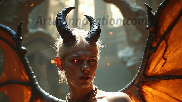 In a dark, ethereal realm, in the midst of the darkness, a figure emerges with an aura of power and magnetism. He is both horrific and strangely captivating, drawing the eye even as he repels the soul. His form is indistinct at first, a ripple in the oppressive blackness, you want to run but you become overwhelmed, drawn in to this creatures powers. Captative by both fear and beauty, you realize, he's a male succubus demon. Deep within the ruins of hell, with a sword in your hand, ready to battle, but unwilling or unable to do so. His skin, flickering fires, casting a dynamic glow across his glistening wet, shinny, body. The flames dance along his chiseled muscular torso and body, casting vibrant hues that seem to emanate from his very core. His eyes, have a piercing glow, locked in a gaze, his eyes, exudes confidence and authority. Unable to move, or unwilling to do so, drawn by his almost completely nude body and overwhelmed by his powers, you given to his will.